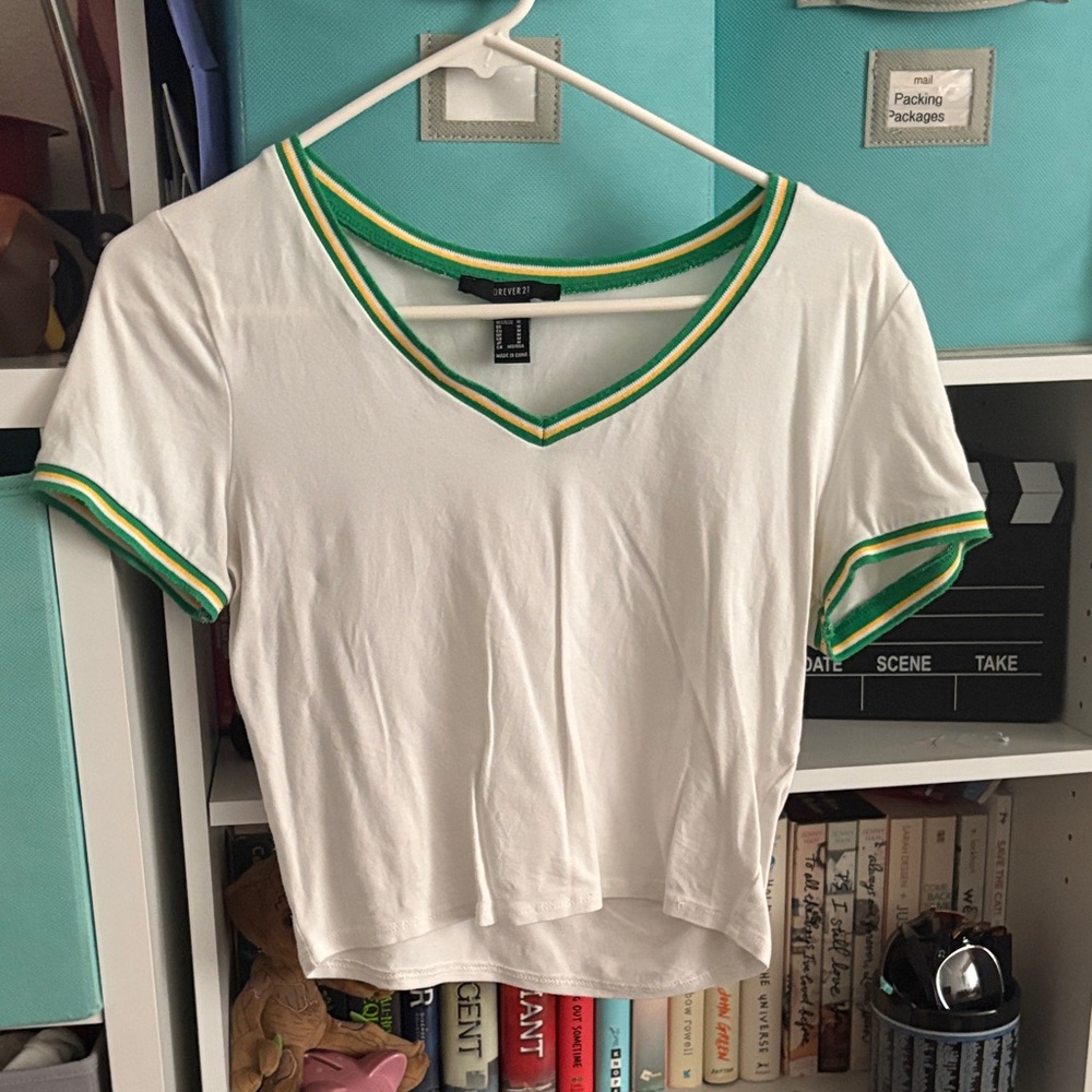 Forever 21 White Tee with Green and Yellow Accents